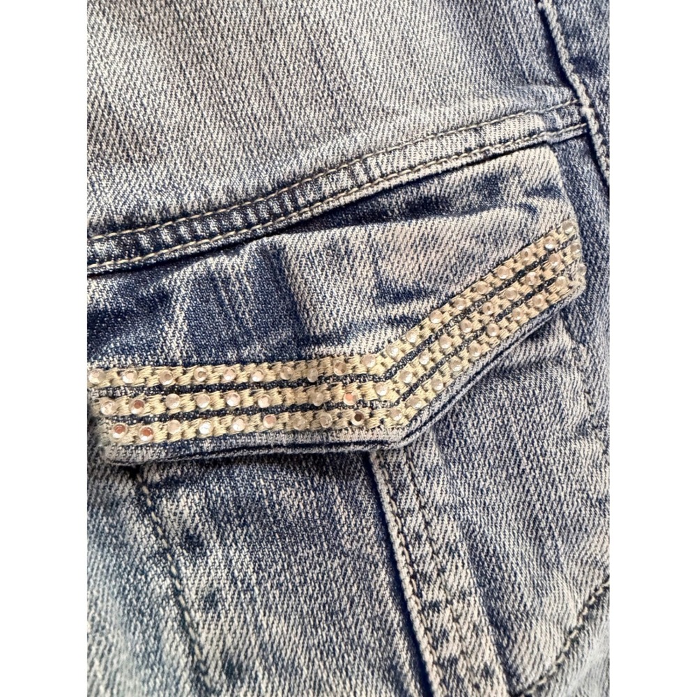 Chico's Platinum Ruffle Denim Jacket Rhinestone Light Wash Size 2 Large - Picture 8 of 16